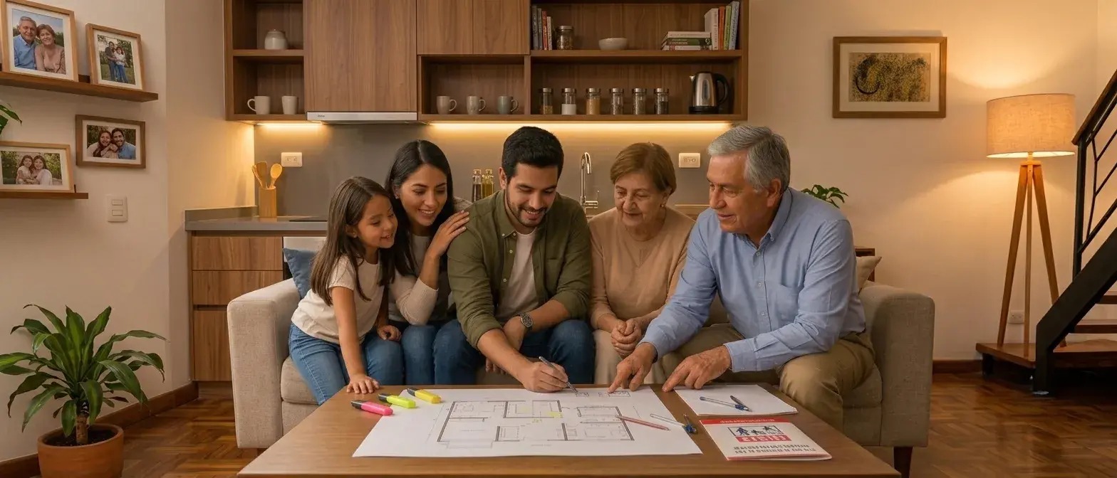 Familia preparando un plan en casa